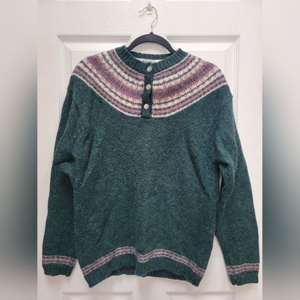 Signatures By Northern Isles 100% Wool Crew Neck 1/4 Button Sweater Size Medium